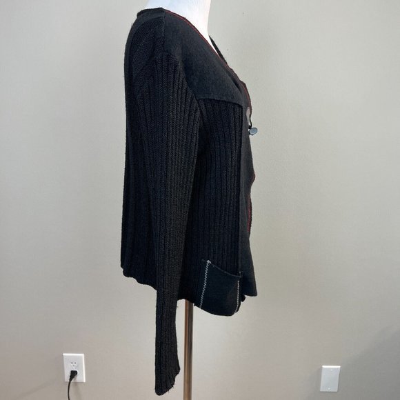 Dolcezza Cardigan Sweater M Black Contrast Knit Toggle Long Sleeve V-Neck Womens - Picture 4 of 11
